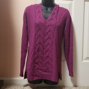 Women's V-neck Cable Knit Hooded Sweater